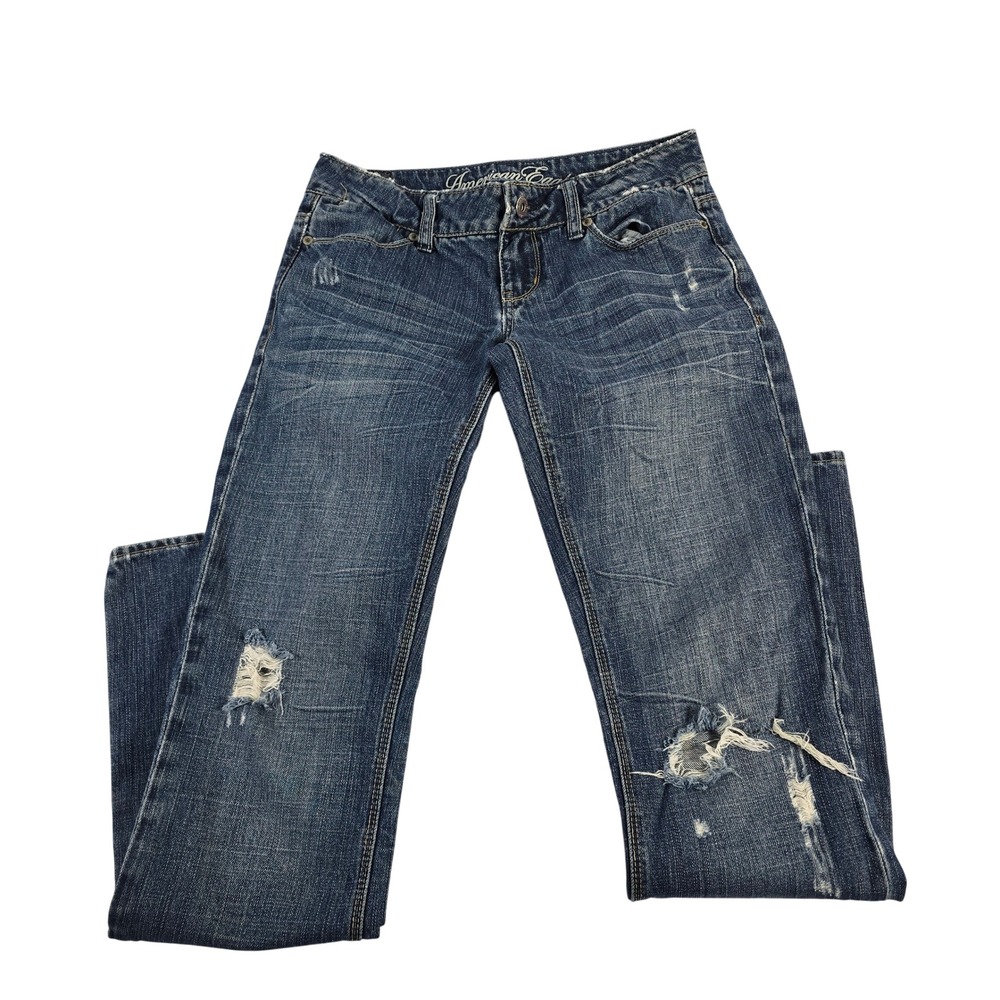 American Eagle 77 Straight Jeans Medium Wash Distressed Ripped Women's Size 2